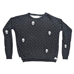 Devoted Small Black White Cotton Knit Crewneck Pullover Sweater Skulls Pattern